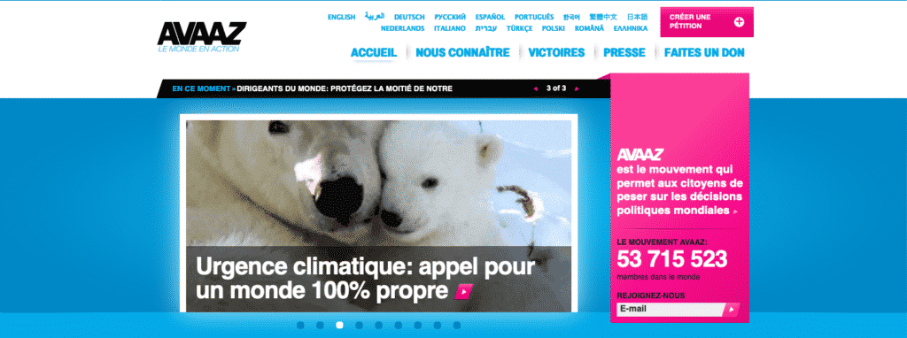 page d'accueil du site d'Avaaz France