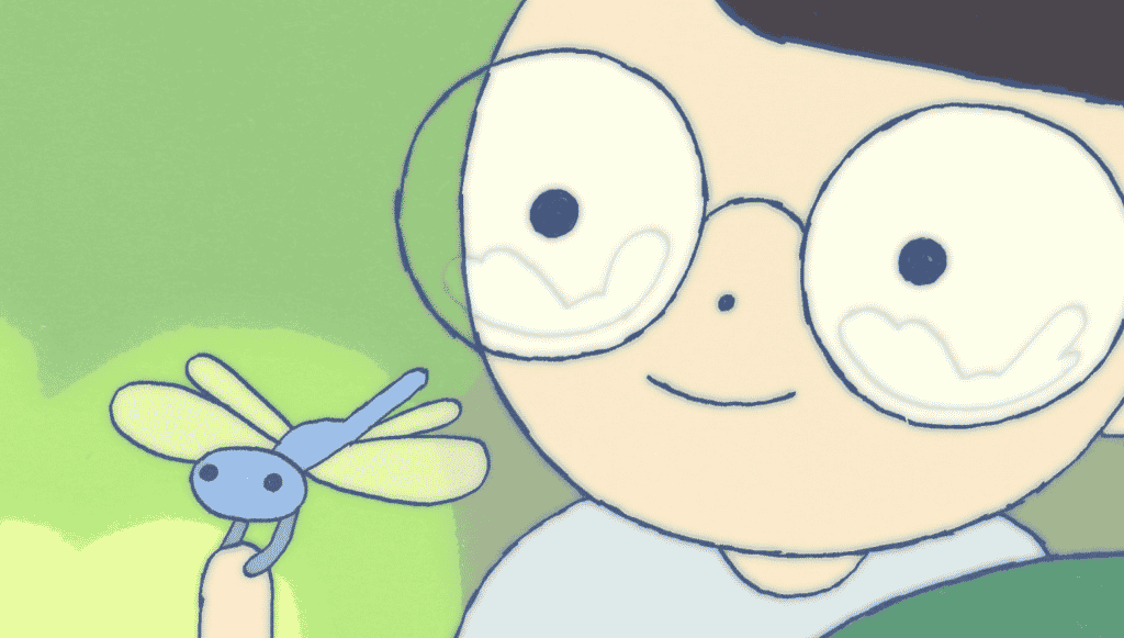 image de dessin animé avec petit garçon à lunettes qui tient une libellule