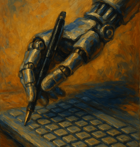 peinture d'une main de robot qui tient un stylo au dessus d'un clavier